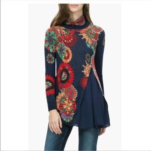 Desigual Forever Floral Tunic Blue Rhinestone Embellished Sweater S